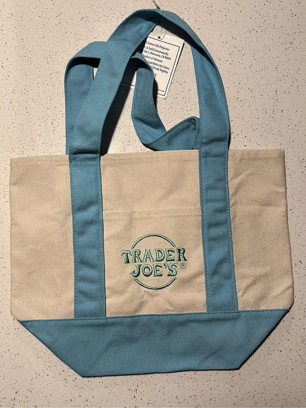 Trader Joe's Mini Canvas Tote Bag Blue & Tan